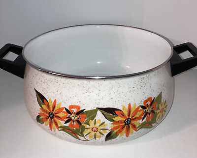 #ad Vintage MCM Retro Enamel Soup Stock Pot with Handles Floral Design No Lid 4 Qt $19.99