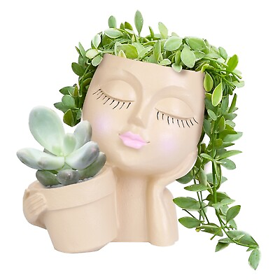 #ad Face Head Statue Flower Resin Planter Pot For Garden Art Dual Opening Flower Pot $23.29