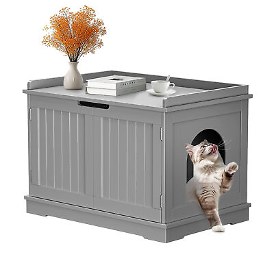 #ad Cat Litter Box Enclosure Furniture Cat Washroom House Side Table w Divider Grey $72.58