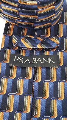 #ad Jos. A. Bank Men#x27;s Neck Tie Necktie 100% Silk Blue Gold Bronze Geometric Design $17.99