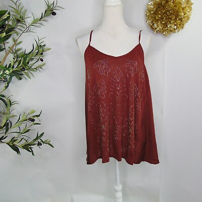 #ad Anthropologie Womens Tank Top Beaded Leaf Size M Embellished Brown $15.99