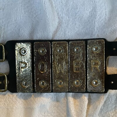 #ad Vintage 60s POWER Metal Bar Buckled LEATHER Wristband BRACELET $23.99