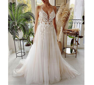 #ad V Neck Wedding Dress Spaghetti Straps Tulle Beaded A Line Beach Bride Gown Train $143.90