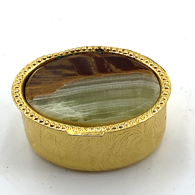 #ad Agate Trinket Box Small Pill Box Hinged Lid Oval Gold Metal 1.5quot; $9.99