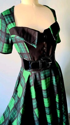 #ad St Patrick#x27;s Day Green Tartan Plaid Pinup Retro Fit amp; Flare Dress Size 6 $46.99