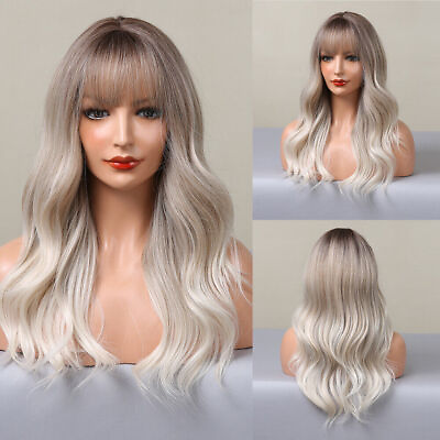 #ad US Long Wavy Hair Wigs Ombré Ash Blonde Sliver Natural Wig with Bangs For Women $17.99