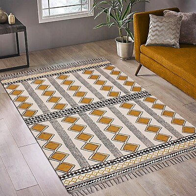 #ad Yellow Kitchen Kilim Natural Cotton Dhurries Hand Woven Mat Living Room Area Rug $72.00