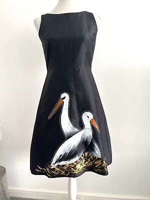 #ad BN Chula 100% silk black stork bird painted shift A line dress arty RRP £200 S 8 GBP 36.50