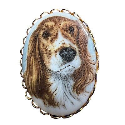 #ad Vintage Spaniel Dog Brooch Porcelain Cameo Gold Tone Picture Pin $10.99