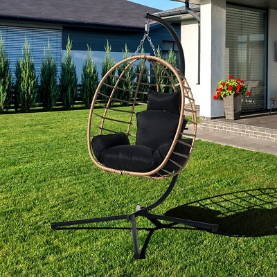 #ad Hanging Egg Swing Chair Stand Hammock Patio Chair Indoor Outdoor w Black Cushion $159.99