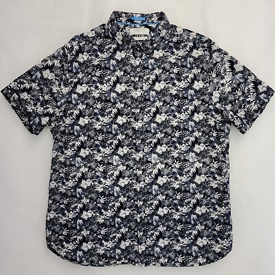 #ad Denim amp; Flower Mens Floral Tropical Button Down Shirt XL Blue White Short Sleeve $14.74