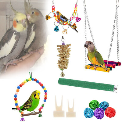 #ad 12Pc Pet Bird Toy Parrot Parakeet Cockatiel Cage Hanging Bell Ladder Hammock Toy $10.49