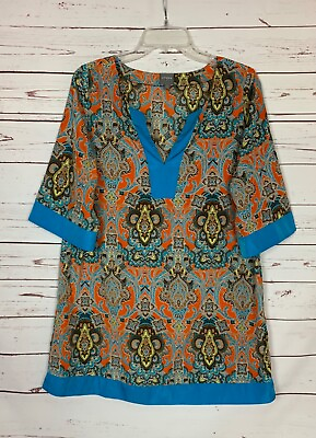 #ad Umgee USA Boutique Women#x27;s M Medium Orange Blue 3 4 Sleeves Cute Tunic Dress $25.00