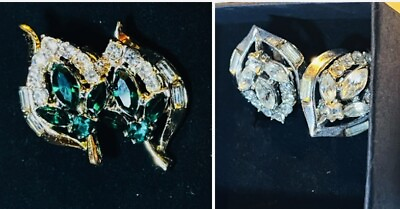 #ad Two Pair Crown Trifari Pat Pend A. Phillipe Earrings Clip Rhodium Green Clear $80.00