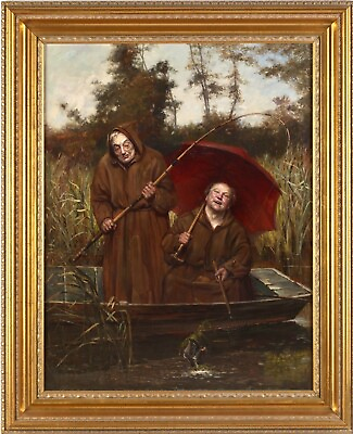 #ad LARGE Antique WILLIAM FITZ MONKS FISHING 1883 Oil Painting On Canvas Gold Frame $3299.99