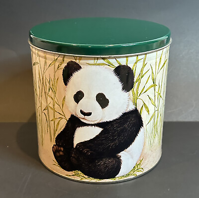 #ad Rare Vintage Med Large Panda Bear Jungle Animal Collectable Storage Tin Can 7x7” $9.50