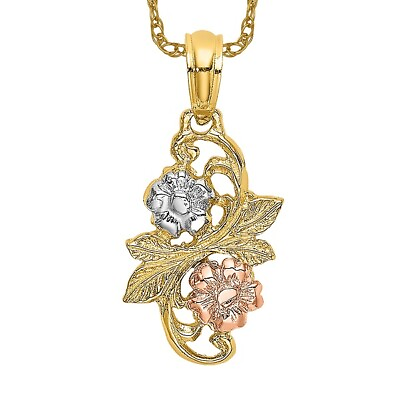#ad 14K Two Tone Gold White Flowers Necklace Charm Pendant $162.00