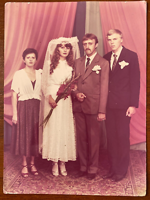 #ad Beautiful men and women at a wedding with flowers bride and groom Vintage photo $5.50