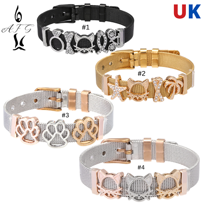 Stainless Steel Mesh Bracelets Set With Crystal Animal Dog Cat Paw Charms AFG GBP 12.99