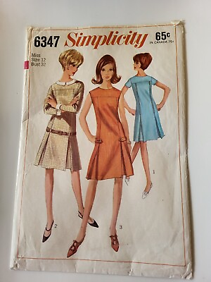 #ad Vtg 60s Simplicity 6347 Sewing Pattern Lovely Retro Dress Sz Miss 12 Complete $4.99