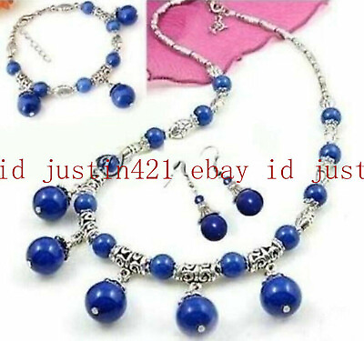 #ad Lovely Tibet Silver Blue Lazuli Lapis Gems Necklace Bracelet Earrings Set AAA $6.99