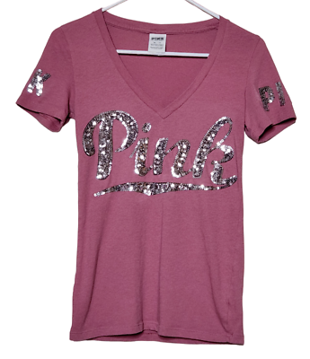 #ad Victorias Secret PINK Womens XS T Shirt Short Sleeve Sequin Tee Top V Neck $14.39