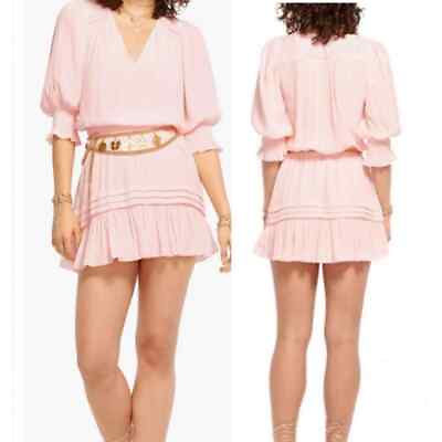 #ad Ramy Brook Women#x27;s Pink Barnus Puff Sleeve Blouson Mini Dress V Neck M NWOT $98.99