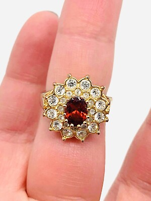 #ad Vtg Gold Tone Red Clear Glass Rhinestones Flower Cocktail Ring Sz 7.75 $21.25