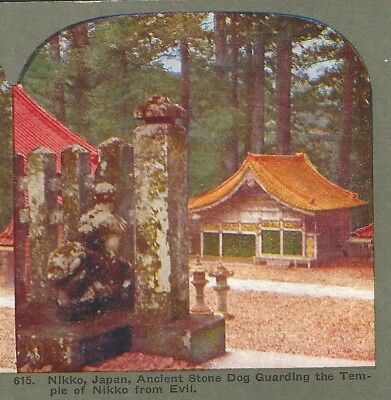 #ad Ancient Stone Dog Guarding the Temple Nikko Japan c1900 Stereoview Card $4.95
