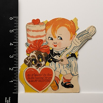 #ad Vintage Valentine Mechanical Little Boy Waiter Brown Dog Cake quot;Waiting for Youquot; $18.99