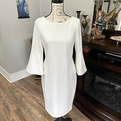 #ad Calvin Klein White Bell Sleeve Dress with Gold Zipper Size 6 Faint Stains $15.00