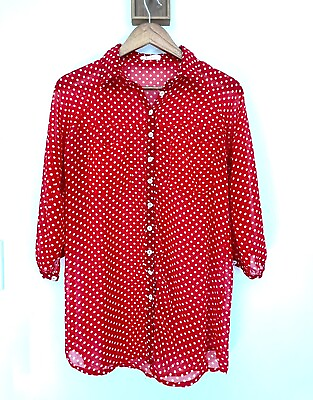 #ad Yes Miss Top Size SMALL Polka Dots See Through Button Down Red $7.99