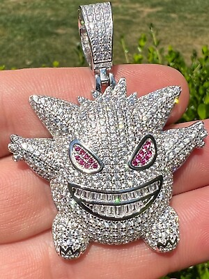 #ad Real Iced CZ Hip Hop 925 Sterling Silver Gengar Pokemon Pendant Necklace Mens $86.83