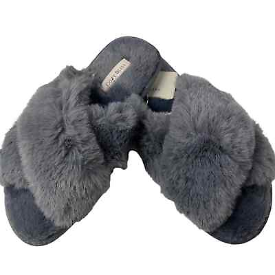#ad Cozy Bliss Gray Memory Foam Fur Slippers Cross Band Open Toe Fuzzy Sz Large 9 10 $19.36