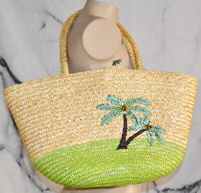 #ad EMVIE#x27;S FASHIONS Tan Multicolor Straw Tote Bag Palm Tree Accent And Lining $19.99