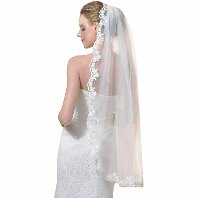 #ad Wedding Bridal Veil 1 Tier Short with Comb Lace Applique Edge Fingertip Length $12.90