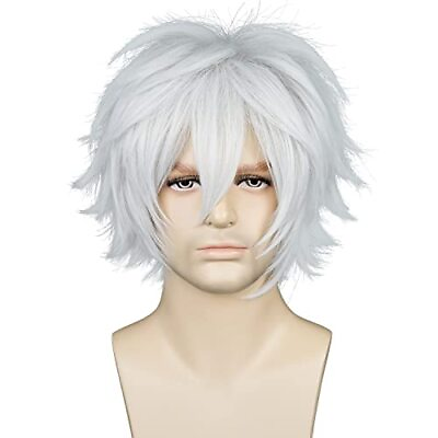 #ad LABEAUTÉ Short White Cosplay Male Men Anime Fluffy Silver Cosplay Wigs With B... $27.19