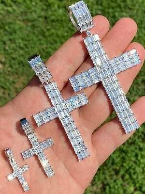 #ad Solid 925 Sterling Silver Cross Pendant Baguette Iced CZ Necklace Hip Hop $83.86