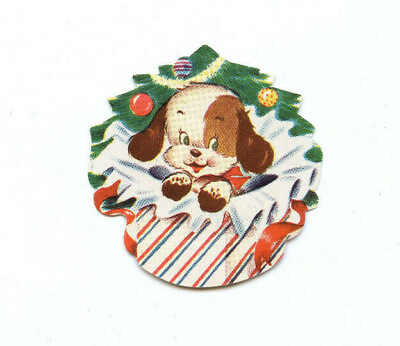 #ad Christmas Puppy Vintage Adhesive Back Gift Tag Sticker $2.22