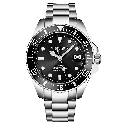 #ad Stuhrling 4048 1 Automatic Depthmaster Diver Date Black Mens Watch $175.00