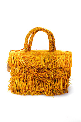 #ad Shebobo Womens Raffia Woven Straw Fringe Trim Top Zip Shoulder Handbag Yellow $41.49