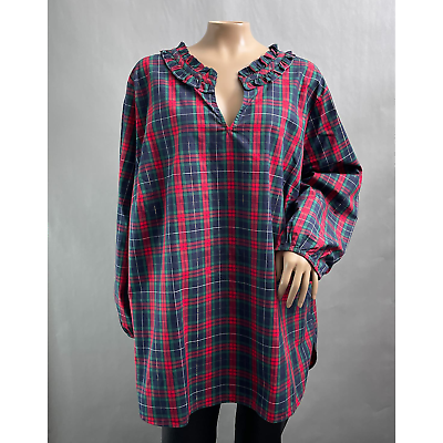 #ad Talbots Plus Top Women 2X Red Green Plaid Ruffle Neck Popover Blouse 3 4 Sleeve $29.99
