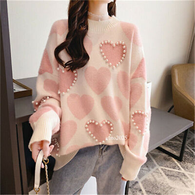 #ad Womens Heart Jumper Knitted Pearls Bead Pullover Sweater Long Sleeve Loose Blue $22.99