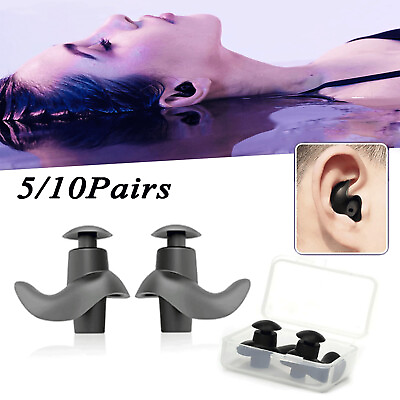 #ad 5 10 Pairs Soft Silicone Swimming Surfing Ear Plugs Reusable Silicone w Case $7.79