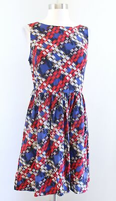 #ad Trina Turk Red Blue Janny Plaid Silk Fit and Flare Sheath Dress Sz 6 Sleeveless $34.99