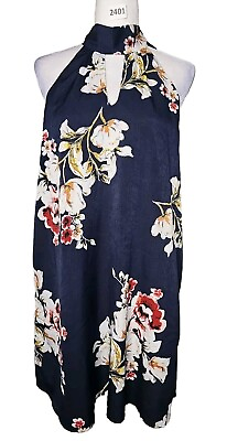 #ad Mittoshop Halter Neck Women Blue Floral Casual Shift DRESS Sz MEDIUM M $18.98