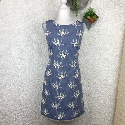 #ad NWOT Taylor Embroidered Floral Appliqué Chambray Raw Hem A line Dress Size 10 $23.80