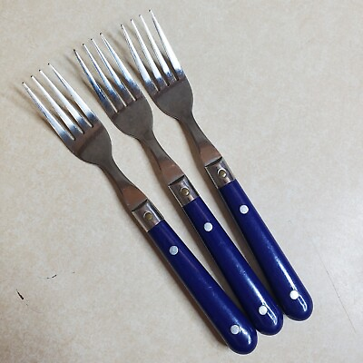 #ad Vtg FESTIVAL BLUE Stainless Plastic Handle Riveted Silverware Flatware 3 Forks $13.95
