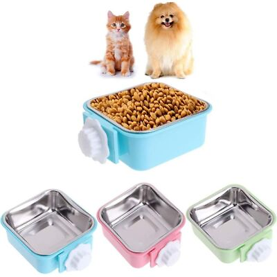 #ad Hang on Bowl For Pet Dog Cat Crate Cage Foods Water Bowl Stainless Steel Square $11.12