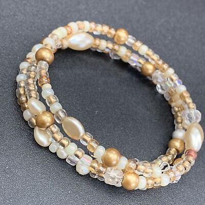 #ad Vintage ? Freshwater pearl tan seed bead flex wire bracelet one size $14.20
